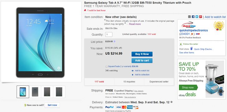 Fotografía - [Alerta Trato] eBay Tiene Una Caja Abierta 32GB Samsung Galaxy Tab 9.7 A con un Samsung Caso libre para $ 215 (alrededor $ 200 Off)